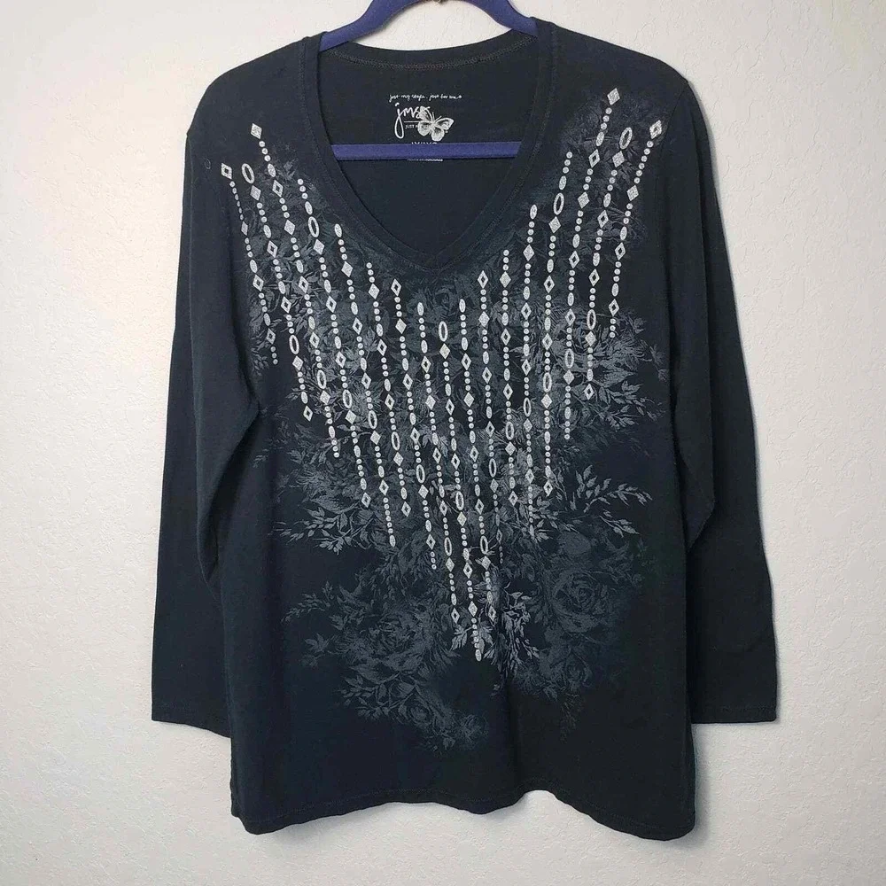 Just My Style Plus Size 1X 16W Black V-Neck Long Sleeve Embellished‎ Tunic Top - Picture 2 of 6